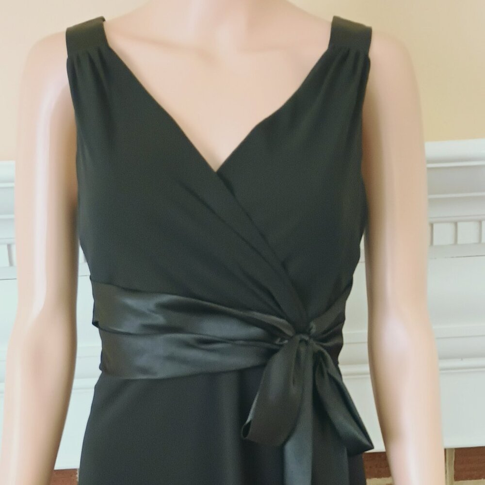 Rena Rowan Black Chiffon Dress 10 Woman's Midi Evening Faux Wrap with Satin Bow